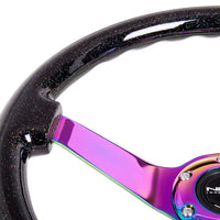 NRG Reinforced Steering Wheel (350mm / 3in. Deep) Classic Blk Sparkle w/4mm Neochrome 3-Spoke Center