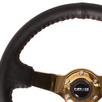 NRG Reinforced Steering Wheel (350mm / 3in. Deep) Blk Leather/Red BBall Stitch w/4mm Gold Spokes