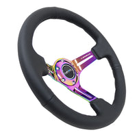 NRG Reinforced Steering Wheel (350mm / 3in. Deep) Blk Leather/Blk Stitch w/Neochrome Slits