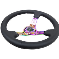 NRG Reinforced Steering Wheel (350mm / 3in. Deep) Blk Leather/Blk Stitch w/Neochrome Slits