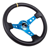 NRG Reinforced Steering Wheel (350mm / 3in. Deep) Blk Leather w/Blue Circle Cutout Spokes