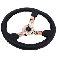 NRG Reinforced Steering Wheel (350mm / 3in. Deep) Blk Leather Floral Dipped w/ Blk Baseball Stitch