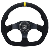 NRG Reinforced Steering Wheel (320mm) Sport Alcantara Dual Push Buttons Flat Bottom w/Yellow Center