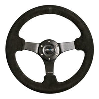 NRG Reinforced Steering Wheel (330mm / 3in Deep) Blk Suede w/Criss Cross Stitch w/Blk 3-Spoke Center