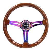 NRG Reinforced Steering Wheel (350mm / 3in. Deep) Brown Wood w/Blk Matte Spoke/Neochrome Center Mark