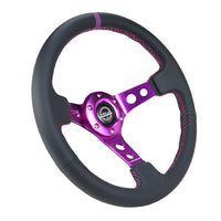 NRG Reinforced Steering Wheel (350mm / 3in. Deep) Black Leather w/Purple Center & Purple Stitching