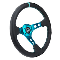 NRG Reinforce Steering Wheel (350mm / 3in. Deep) Blk Leather, Teal Center Mark w/ Teal Stitching