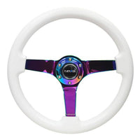 NRG Reinforced Steering Wheel (350mm / 3in. Deep) Classic White w/4mm Neochrome Solid 3-Spoke