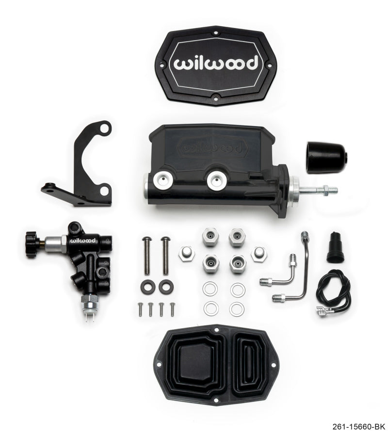 Wilwood Compact Tandem M/C - 15/16in Bore w/RH Bracket and Valve (Pushrod) - Black