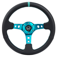 NRG Reinforce Steering Wheel (350mm / 3in. Deep) Blk Leather, Teal Center Mark w/ Teal Stitching