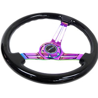 NRG Reinforced Steering Wheel (350mm / 3in. Deep) Blk Wood w/Blk Matte Spoke/Neochrome Center Mark