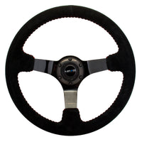 NRG Reinforced Steering Wheel (350mm / 3in. Deep) Blk Suede w/Red BBall Stitch & Black 3-Spoke