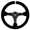 NRG Reinforced Steering Wheel 350mm/3in. Deep Blk Suede/ Neon Green Stitch w/5mm Matte Black Spoke