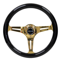 NRG Classic Wood Grain Steering Wheel (350mm) Black Grip w/Chrome Gold 3-Spoke Center