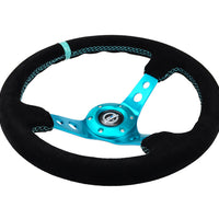 NRG Reinforced Steering Wheel (350mm/ 3in. Deep) Black Suede/ Teal Center Mark/ Teal Stitching