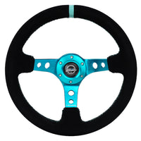 NRG Reinforced Steering Wheel (350mm/ 3in. Deep) Black Suede/ Teal Center Mark/ Teal Stitching