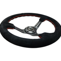 NRG Reinforced Steering Wheel (350mm / 3in. Deep) Blk Suede w/Red Stitching & 5mm Spokes w/Slits