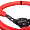 NRG Reinforced Steering Wheel (350mm / 3in. Deep) Red Suede w/Blk Circle Cutout Spokes