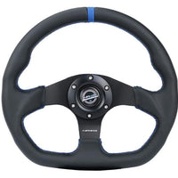 NRG Reinforced Steering Wheel (320mm) Sport Leather Flat Bottom w/ Blue Center/ Blue Stitching