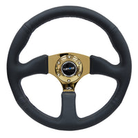 NRG Reinforced Steering Wheel (350mm / 2.5in. Deep) Leather Race Comfort Grip w/4mm Gold Spokes