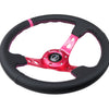 NRG Reinforced Steering Wheel (350mm/3in. Deep) Black Leather/ Fushia Center Mark/ Fushia Stitching